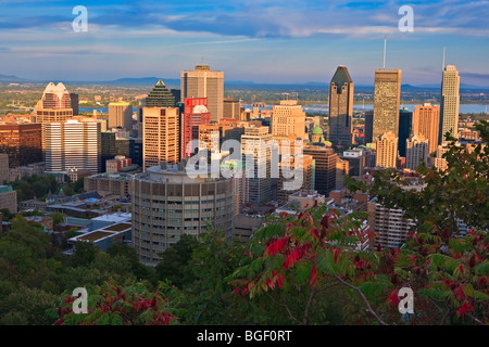 Città di Montreal visto dal Parc du Mont Royal al tramonto, Mount Royal Park, Montreal, Quebec, Canada. Foto Stock