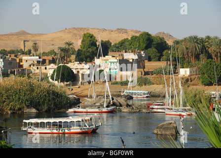 ASWAN, Egitto. Una vista sul fiume Nilo per l'Isola Elefantina con Qubbet el Hawa nella distanza. 2009. Foto Stock