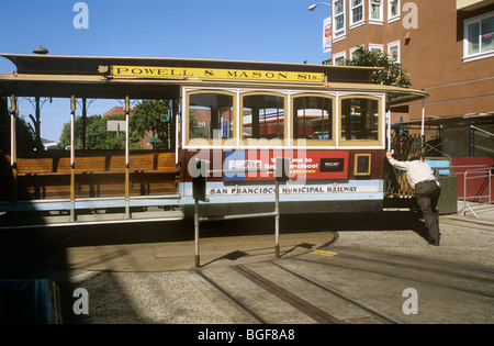 Powell & Mason tram / cavo auto viene ruotato manualmente sul turnaround / girevole a Taylor Street, San Francisco, California USA Foto Stock