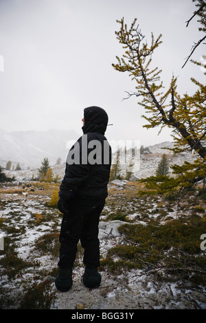 Una persona tutta vestita di nero abiti invernali guardando fuori su un paesaggio alpino, Incanto Lakes Wilderness Area Foto Stock