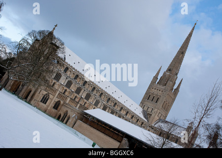 Norwich Cathedral in Norfolk dopo il record UK nevicata dei primi di gennaio 2010. Foto Stock