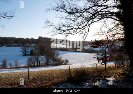 La North Downs nella neve - vista verso Yewtree Agriturismo vicino a Polesden Lacey al tramonto Foto Stock