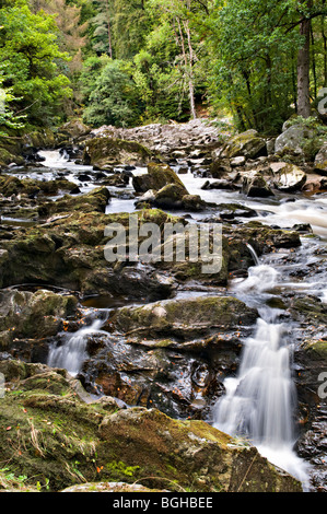 River Braan rapids in bassa ondata prese vicino eremo follia a Dunkeld, Perthshire Scozia Scotland Foto Stock