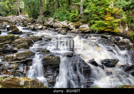 River Braan rapids in bassa ondata prese vicino eremo follia a Dunkeld, Perthshire Scozia Scotland Foto Stock