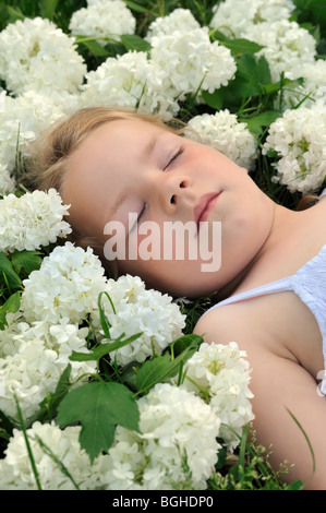 Bambina posa in fiori - snowball Foto Stock