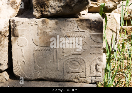 Rilievo su blocchi di parete al tempio di Montu a Tod, Valle del Nilo, a sud di Luxor, Egitto Foto Stock