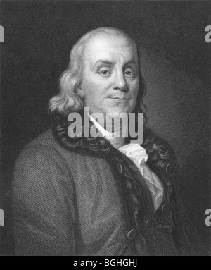 Benjamin Franklin su incisione dal 1850s. Uno dei fondatori degli Stati Uniti d'America. Foto Stock