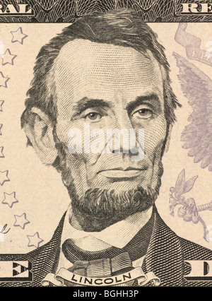 Abraham Lincoln su 5 dollari 2006 banconota da U.S.A. Sedicesimo Presidente degli Stati Uniti a partire da marzo 1861 fino alla sua morte. Foto Stock