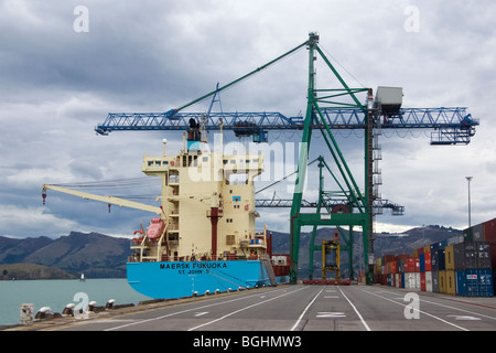 Piccoli container ormeggiata lungo la banchina del terminal container, Lyttelton, Nuova Zelanda Foto Stock