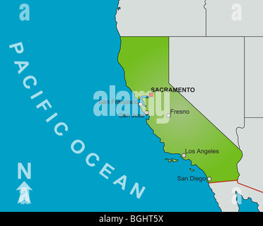 Una mappa stilizzata dello stato della California che mostra diverse grandi città e stati vicini. Foto Stock