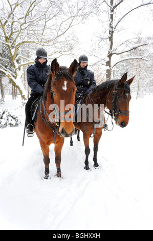 Polizia a cavallo nel parco invernale Foto Stock