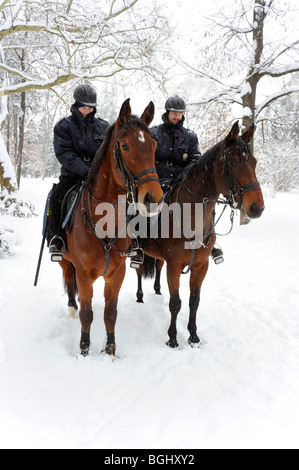 Polizia a cavallo nel parco invernale Foto Stock