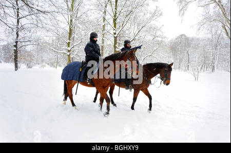 Polizia a cavallo nel parco invernale Foto Stock