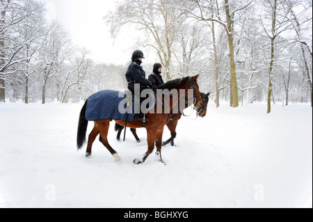 Polizia a cavallo nel parco invernale Foto Stock