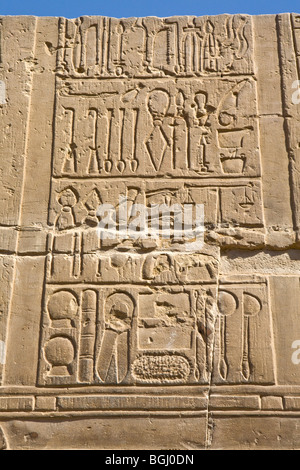 Rilievo raffiguranti strumenti medici corridoio esterno del tempio di Haroeris e Sobek a Kom Ombo nella valle del Nilo, l'Alto Egitto Foto Stock