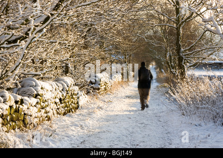 Un viandante sulla corsia nevoso che conduce da Guiseley alle brughiere del Chevin, vicino a Leeds in West Yorkshire Foto Stock