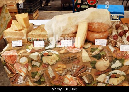 Varietà di formaggi visualizzati sul panno vinilico in stallo DEL MERCATO IN FRANCIA Foto Stock