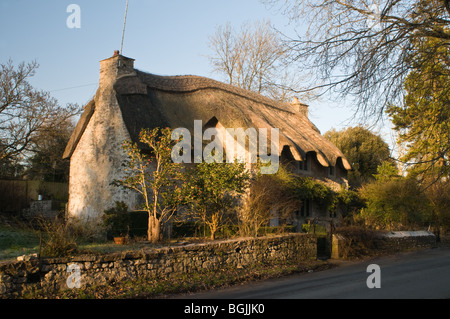 Cottage con il tetto di paglia nel villaggio di Merthyr Mawr nel Vale of Glamorgan Galles Foto Stock