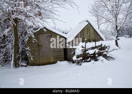 Coperte di neve giardino in legno capannoni, Hampshire, Inghilterra. Foto Stock