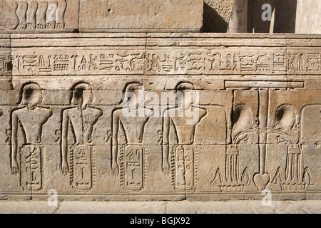 Sollievo dei prigionieri sul corridoio esterno muro al tempio di Haroeris e Sobek a Kom Ombo nella valle del Nilo, l'Alto Egitto Foto Stock