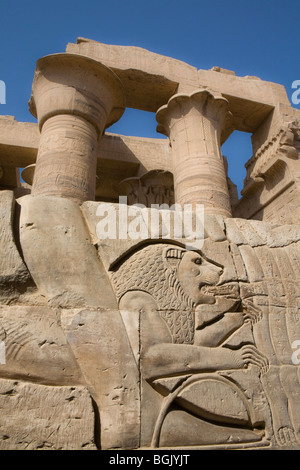 Il sollievo di Lion nel corridoio esterno del tempio di Haroeris e Sobek a Kom Ombo nella valle del Nilo, l'Alto Egitto Foto Stock