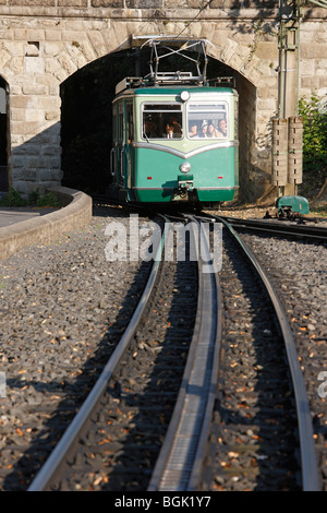 Königswinter, Drachenfelsbahn, Triebwagen an der Mittelstation unter einer Brücke Foto Stock
