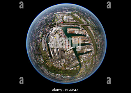 Vista aerea, fisheye, Dortmund-Ems Canal, terminale per contenitori, porto interno, Dortmund, Ruhrgebiet regione Renania settentrionale-Vestfalia, Foto Stock