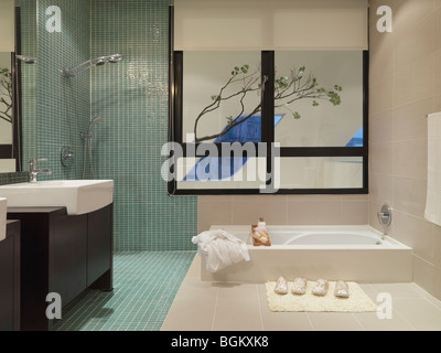 Bagno moderno particolare di una stanza da doccia con acqua corrente,  piastrelle a mosaico e accappatoi appesi a ganci Foto stock - Alamy