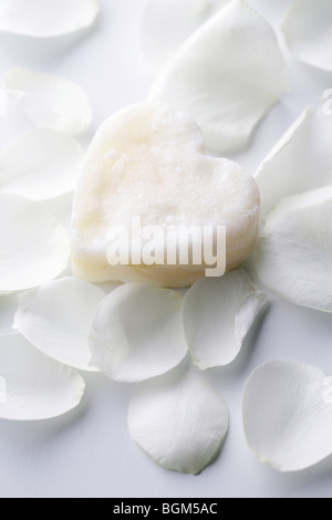 A forma di cuore ad sapone fra petali di colore bianco Foto Stock
