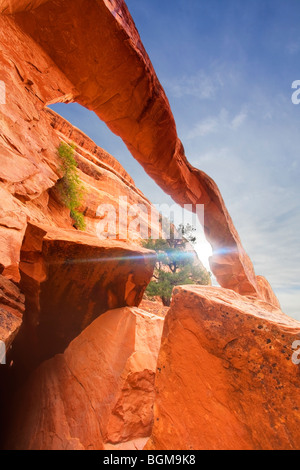 Sole splende attraverso la parete Arch, Arches National Park, Utah, Stati Uniti d'America Foto Stock