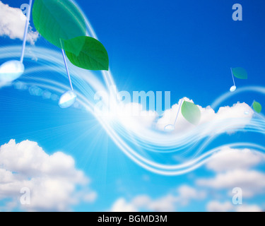 Foglie verdi galleggiante attraverso il cielo come note musicali Foto Stock