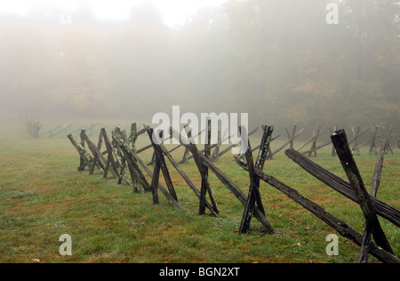 Un recinto delinea la proprietà su una nebbiosa mattina in Albemarle County, Virginia. Foto Stock