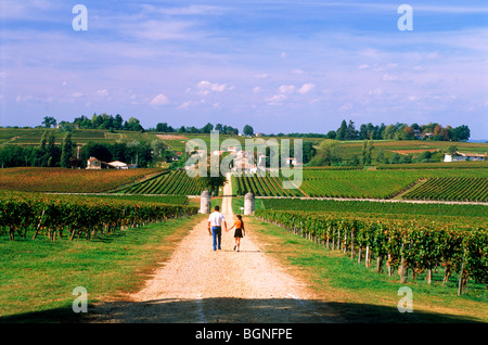 Padre e figlia a piedi su strada sterrata che conduce al Chateau Saint-Georges vicino a St Emilion nella regione di Bordeaux in Francia Foto Stock