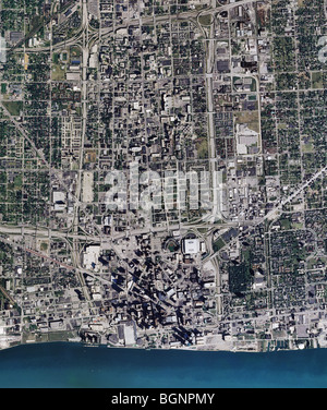 Antenna vista mappa del centro di Detroit Michigan e del fiume Detroit Foto Stock