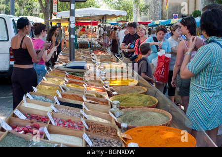 Arles, Francia - fuori, grande folla di persone, shopping al mercato pubblico degli agricoltori alimentari, spezie esotiche in mostra, venditori ambulanti, donne, panorama, arles Market provence Foto Stock