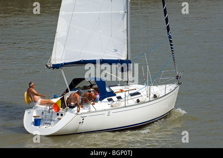 Barca a Vela Barca a vela sul mare del Nord in estate, Belgio Foto Stock