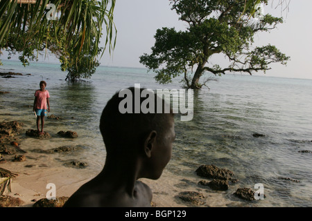 Vivere accanto all'oceano, con acqua che circonda la linea costiera di alberi, sull isola di puil, Carteret Atoll, Papua Nuova Guinea Foto Stock