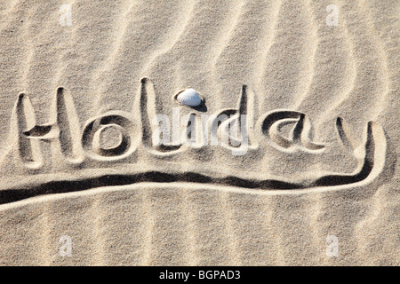 Holiday scritto in sabbia dorata su una spiaggia Foto Stock