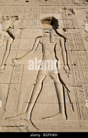 Rilievo sulla parete esterna del tempio tolemaico di Hathor a Dendera, a nord di Luxor, la Valle del Nilo, Egitto Foto Stock