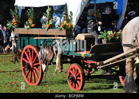 Carrello con gioco di caccia - il germano reale, il colombaccio, fagiano, lepre - durante la commemorazione di Saint Hubert / Saint Hubertus, Belgio Foto Stock