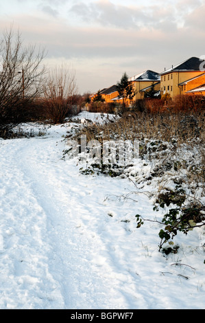 Percorso coperto di neve con appartamenti consiglio a destra Gillespie Park Riserva Naturale locale, Highbury Londra Inghilterra Foto Stock