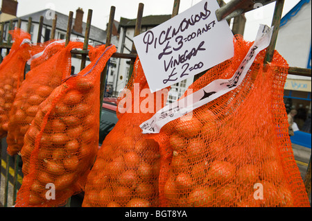 Sacchi di cipolline appeso sul recinto per la vendita al mercato openair ad Abergavenny Monmouthshire South Wales UK Foto Stock