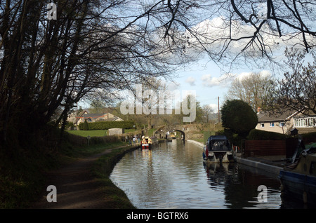 Chiatte ormeggiato sul Monmouthshire e canale Brecon Foto Stock