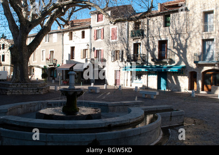 La fontana della piazza principale, St Martin de Londres, Herault, Francia meridionale Foto Stock
