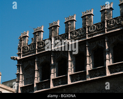 E merli gargoyles. La Lonja de la Seda (scambio di seta edificio). In stile tardo gotico. Valencia. Spagna Foto Stock