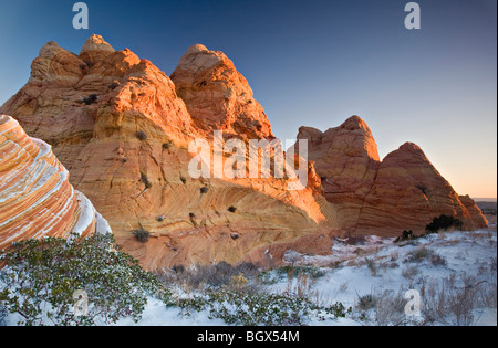 La neve e la luce del mattino sui pioppi neri americani Teepees in Coyote Buttes Foto Stock