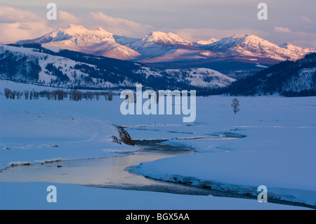 Lamar il fiume si snoda lontano da la Beartooth montagna alla fine di una giornata invernale nella Lamar Valley-Yellowstone NP Foto Stock