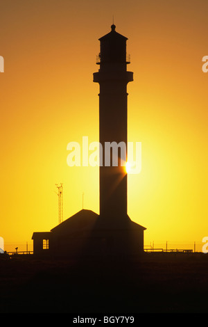 Il sole tramonta dietro alla silhouette del punto Arena faro sul nord della California costa a sud di Mendocino. Foto Stock