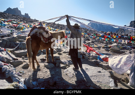 Pellegrino tibetano il sollevamento della preghiera bandiere sul Drolma La pass, Monte Kailash Foto Stock