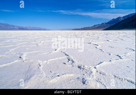Sale formazioni piatta nel bacino Badwater, Parco Nazionale della Valle della Morte, California. Foto Stock